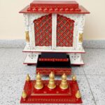 Furnshine - Handcrafted Wooden Mandir for Home | Red White Gold Pooja Temple with Jaali Panels & Storage Drawer - Image 4