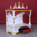 Furnshine - Handcrafted Wooden Pooja Mandir for Home – Open Temple with Drawer, Red White Hand-Painted Design & Golden Shikharas for Home and Office Décor - Image 3