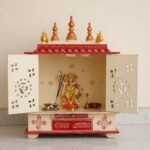 Furnshine - Om & Swastik Handcrafted Wooden Pooja Mandir for Home & Office – Red, White & Gold Temple with Drawer Storage - Image 3