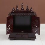 Furnshine - Wall Mounted Wooden Pooja Mandir for Home – Brown Wooden Temple with Drawer, Shelf & Decorative Carved Doors for Compact Wall Shrine - Image 4