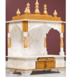 Furnshine - Rajasthani Arts White & Gold Solid Wood Home Temple with Drawer, Compact Tabletop Pooja Mandir for Home and Office.
