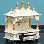 Furnshine - Handcrafted Wooden Pooja Mandir for Home | White Rajasthani Temple with Hand-Painted Floral Design, Kalash Dome & Storage Drawer