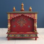 Furnshine - Handcrafted Wooden Pooja Mandir for Home – Red & Green Traditional Temple with 2 Storage Drawers & Golden Kalash Top - Image 2