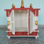 Furnshine - Hand Painted Wall Mounted Mango Wood Home Temple with LED | Red & White Pooja Mandir with Drawer & Doors for Home/Office Puja Room - Image 2