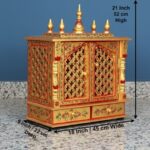 Furnshine - Hand Painted Wall Mounted Golden Solid Wood Home Temple with LED | Floral Jali Doors Pooja Mandir with Twin Drawers for Home/Office Puja Room - Image 2