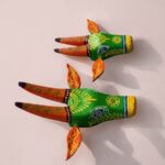Furnshine - Handcrafted Set of 2 Wooden Painted Cow Face Wall Hangings - Vibrant Green Rajasthani Tribal Art 7 Inch - Image 2