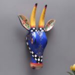 Furnshine - Hand-Painted Wooden Cow Head Wall Hanging | Blue Gold Rajasthani Folk Art Mango Wood 13" - Image 2