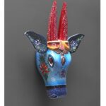 Furnshine - Blue Wooden Cow Head Wall Hanging | Handcrafted Rajasthan Mango Wood Nandi Mask with Red Horns Om 13 Inch - Image 2