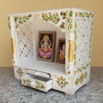 Furnshine - Handcrafted White-Green Rajasthani Wooden Pooja Mandir - Open Shelf Temple with Floral Drawer - Image 3
