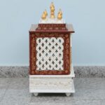 Furnshine - Handcrafted Wooden Pooja Mandir for Home | White, Maroon & Golden Temple with Jaali Doors & Storage Drawer - Image 3