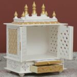 Furnshine - Handcrafted Wooden Pooja Mandir for Home – White Gold Temple with Double Drawer & Decorative Doors for Home and Office Décor - Image 3