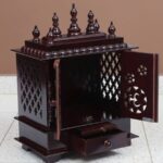 Furnshine - Wall Mounted Wooden Pooja Mandir for Home – Brown Wooden Temple with Drawer, Shelf & Decorative Carved Doors for Compact Wall Shrine - Image 5