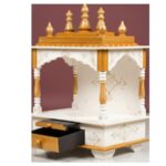 Furnshine - Rajasthani Arts White & Gold Solid Wood Home Temple with Drawer, Compact Tabletop Pooja Mandir for Home and Office. - Image 3
