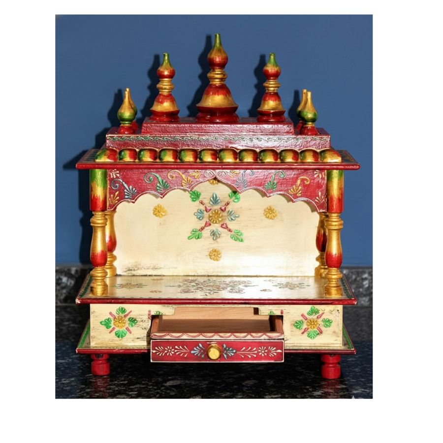 3 Furnshine - Rajasthani Handcrafted Wooden Temple Mandir with Drawer for Home & Office Pooja (15 x 8 x 18 inch, Multicolor) - Image 1