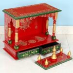 Furnshine - Red Green Wooden Temple with Drawers for Home Pooja Mandir Décor​ - Image 3