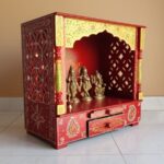 Furnshine - Handcrafted Rajasthani Wooden Pooja Mandir for Home – Red & Yellow Temple with Drawer Storage - Image 3