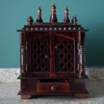 Furnshine - Handcrafted Solid Wood Home Temple with Drawer | Compact Dark Brown Finish Pooja Mandir for Home & Office | Jaali Door Design, Turned Pillars & Dome Top - Image 4