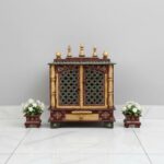 Furnshine - Handcrafted Wooden Pooja Mandir for Home | Maroon, Gold & Green Temple with Jaali Doors & Storage Drawer - Image 2