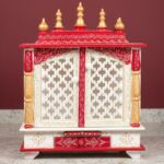 Furnshine - Handcrafted Wooden Pooja Mandir for Home – Red White Gold Temple with Drawer & Jaali Doors for Home and Office Décor - Image 2