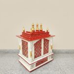Furnshine - Handcrafted Wooden Mandir for Home | Red White Gold Pooja Temple with Jaali Panels & Storage Drawer
