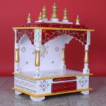Furnshine - Handcrafted Wooden Pooja Mandir for Home – Open Temple with Drawer, Red White Hand-Painted Design & Golden Shikharas for Home and Office Décor - Image 2