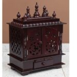 Furnshine - Wall Mounted Wooden Pooja Mandir for Home – Brown Wooden Temple with Drawer, Shelf & Decorative Carved Doors for Compact Wall Shrine - Image 2