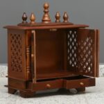 Furnshine - Wall Mounted Solid Wood Mandir for Home Pooja & Aarti – Brown Jaali Door Temple with Dual Drawers, Traditional Domes & Space-Saving Hanging Design for Living Room or Pooja Room Decor - Image 4