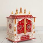 Furnshine - Om & Swastik Handcrafted Wooden Pooja Mandir for Home & Office – Red, White & Gold Temple with Drawer Storage