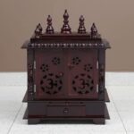 Furnshine - Wall Mounted Wooden Pooja Mandir for Home – Brown Wooden Temple with Drawer, Shelf & Decorative Carved Doors for Compact Wall Shrine