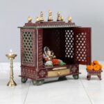 Furnshine - Handcrafted Wooden Pooja Mandir for Home | Maroon, Gold & Green Temple with Jaali Doors & Storage Drawer - Image 5