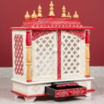 Furnshine - Handcrafted Wooden Pooja Mandir for Home – Red White Gold Temple with Drawer & Jaali Doors for Home and Office Décor