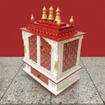 Furnshine - Handcrafted Wooden Mandir for Home | Red White Gold Pooja Temple with Jaali Panels & Storage Drawer - Image 2