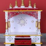 Furnshine - Handcrafted Wooden Pooja Mandir for Home – Open Temple with Drawer, Red White Hand-Painted Design & Golden Shikharas for Home and Office Décor
