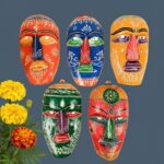Furshine - Multicolour Wooden Tribal Wall Mask Set (Pack of 5) for Home Entrance & Living Room Wall Decor – Handcrafted Nazar Battu Masks for Ethnic Wall Art & Gifting