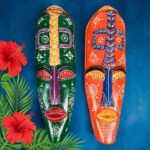 Furnshine - Green Orange African Egyptian Tribal Wall Mask Hanging Set - Nazar Battu Wooden Masks for Home Entrance, Living Room Decor - 18 Inch Pack of 2