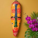 Furnshine - Orange Red African Egyptian Tribal Wall Mask Hanging - Nazar Battu Wooden Decor for Home Entrance & Living Room - 18 Inch Single Mask