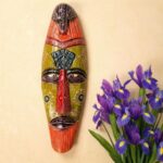 Furnshine - Green Maroon African Tribal Wall Mask Hanging - Nazar Battu Wooden Decor for Home Entrance & Living Room - 18 Inch Single Pack