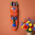 Furnshine - Orange Purple Horned Tribal Wall Mask - Nazar Battu Wooden Hanging for Home Entrance Decor