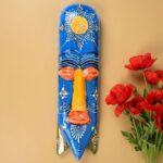 Furnshine - Blue Wooden Tribal Wall Mask - Handcrafted 15 Inch Nazar Battu Hanging for Home Entrance & Living Room Decor