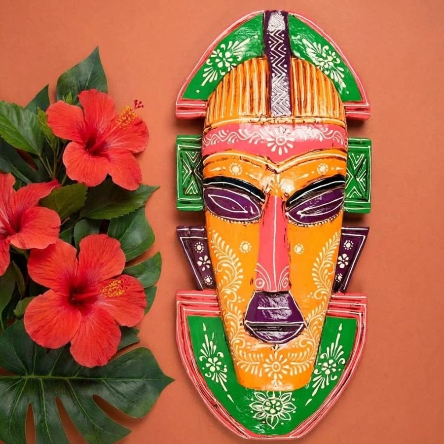 1 Furnshine - Tribal Wall Mask Nazar Battu | 20 Inch Orange Green Handcrafted Wooden Hanging - African Tribal Face Decor for Home Entrance, Living Room, Door, Balcony - Image 1