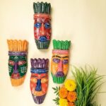 Furnshine - Set of 4 African Tribal Wooden Face Masks | Nazar Battu Wall Hanging Decor - Handcrafted Multi-Color (Green, Orange, Blue, Purple) for Home Entrance, Living Room - Buy Online