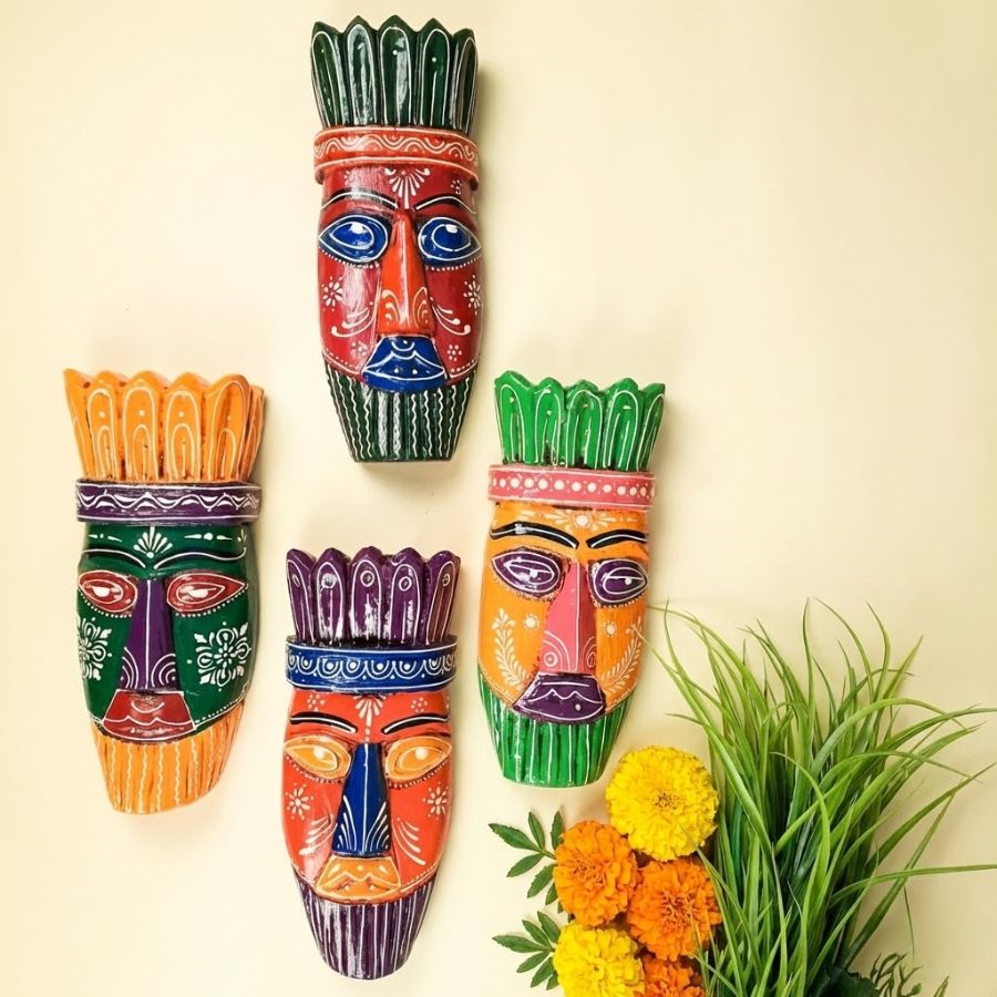 1 Furnshine - Set of 4 African Tribal Wooden Face Masks | Nazar Battu Wall Hanging Decor - Handcrafted Multi-Color (Green, Orange, Blue, Purple) for Home Entrance, Living Room - Buy Online - Image 1