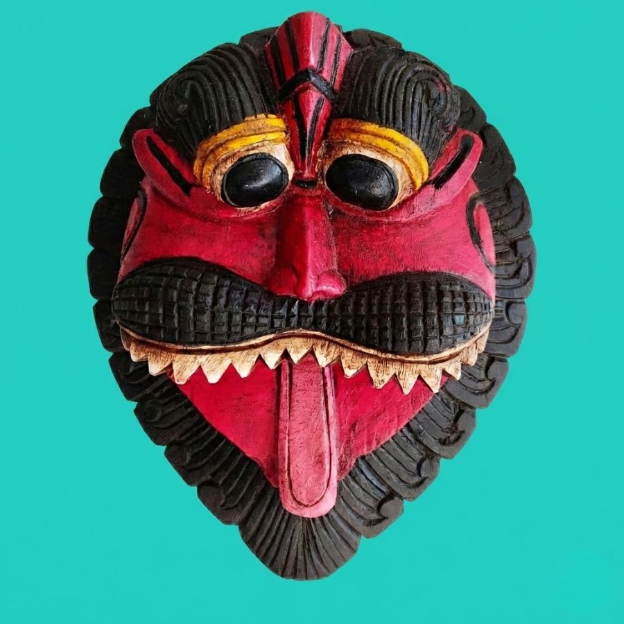 1 Furnshine - Handcrafted Red Yali Wooden Mask: Mythical South Indian Guardian for Divine Home Decor - Image 1
