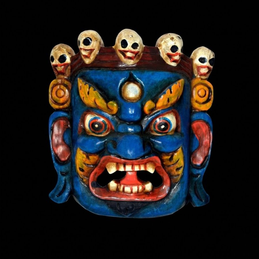 1 Furnshine - Handcrafted Mahakala Tibetan Buddhist Wooden Hanging Mask - 8 Inch Blue Face Skull Crown Wall Decor Showpiece for Home Puja Room - Image 1