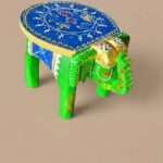 Furnshine - Wooden Elephant Stool Green Blue Design 6H x 9L x 6.5W Inches - Indian Handicrafts Home Pooja Foyer Decor
