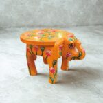 Furnshine - Wooden Elephant Stool Floral Orange Design | Handcrafted Indian Home Decor Pooja Foyer 6.5H x 9L x 6.5W Inches