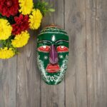 Furnshine - Handcrafted Green Wooden Tribal Wall Mask – Nazar Battu for Home Entrance, Living Room & Ethnic Decor – 9 Inch Hand Painted Hanging Art