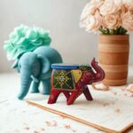Furnshine - Cute Handcrafted Wooden Small Elephant Stool - Hand-Painted Indian Decor for Pooja, Home Showpiece (5"L x 3"W x 4"H)