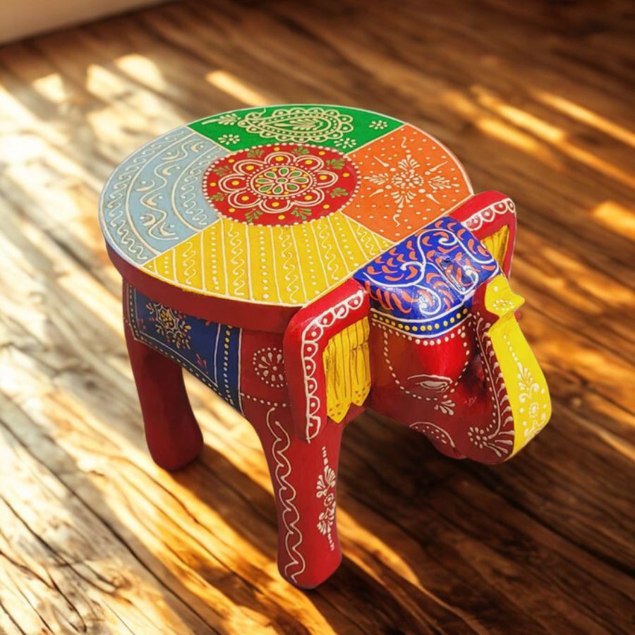 1 Furnshine - Handcrafted Red Multicolor Wooden Elephant Stool - Large Indian Handicraft for Pooja, Home & Foyer Decor (8"H x 11"L x 8"W) - Image 1