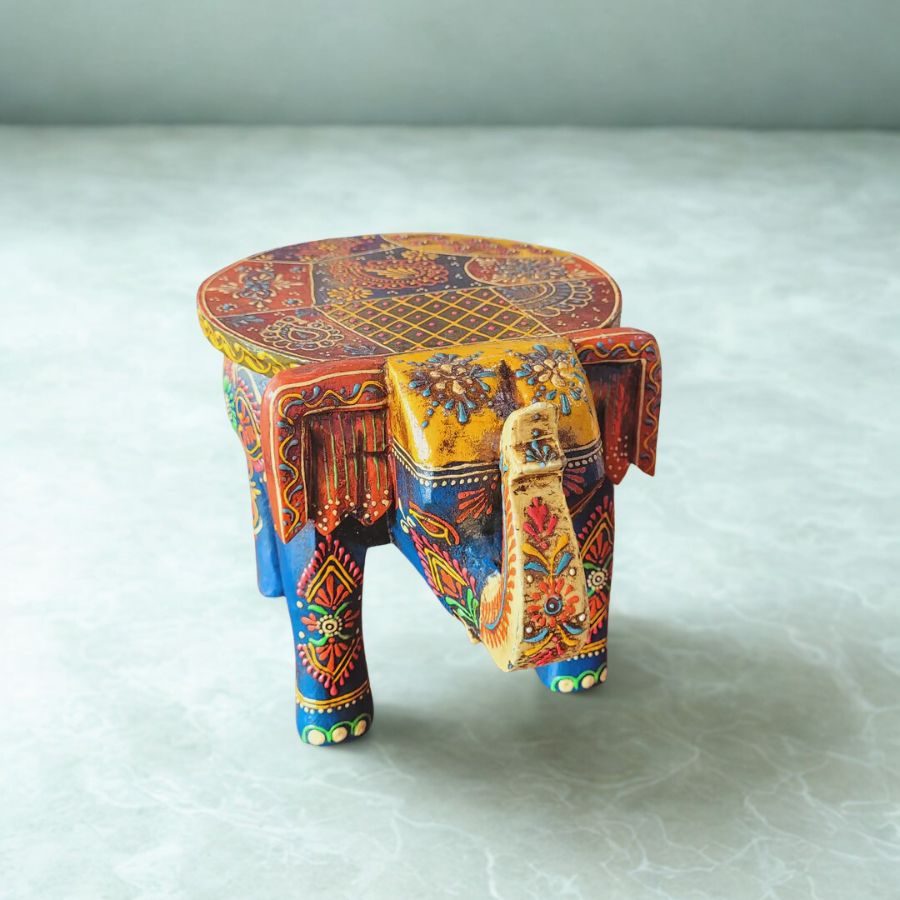1 Furnshine - Blue Handcrafted Elephant Stool - Large Indian Handicraft Pooja Decor, Home & Foyer Accent (8"H x 10.5"L x 8"W) - Image 1